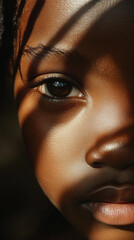 A powerful, dramatic close-up portrait of a young Black child. Their face is half-bathed in light and half in shadow, drawing focus to their large, soulful, and expressive dark eyes. The strong contra