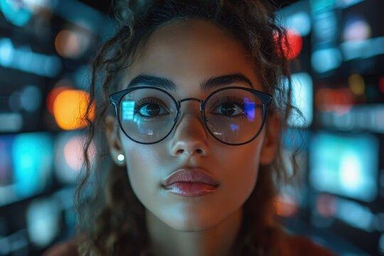 A striking close-up portrait of a young Black woman with curly hair and glasses. Her face is illuminated by glowing orange data streams, creating a futuristic, focused mood in a tech environment