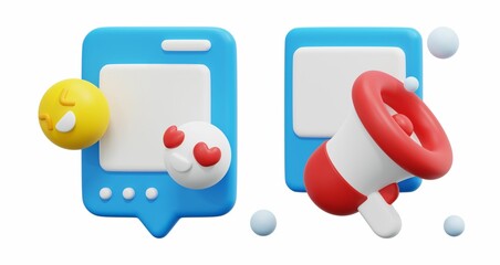 3D rendered social media notifications: a chat bubble with an emoji and hearts, and a megaphone for announcements. 