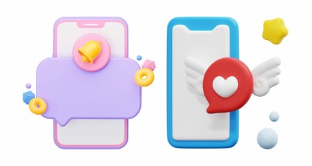 3D rendered smartphone notifications: one with a bell and chat bubble, another with a heart with wings. 