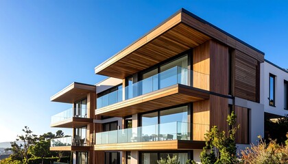 Fototapeta premium Modern architectural design showcases a stunning wood and glass luxury home exterior in daylight.