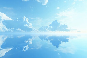 Serene, light-blue sky and water reflecting clouds