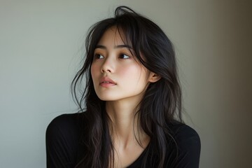Fototapeta premium Portrait of an Asian young woman looking away, deep in thought and questioning, isolated on a neutral background., Generative AI