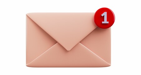 3D rendered closed envelope with a red notification badge showing "1" new message. 