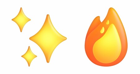 3D rendered set of sparkling stars and a vibrant flame emoji.