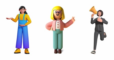 Three 3D rendered female characters in various poses: presenting, pointing, and holding a megaphone.