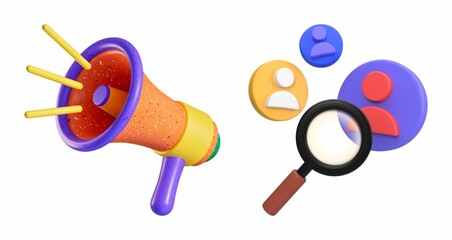 3D rendered colorful megaphone alongside user profile icons and a magnifying glass. 