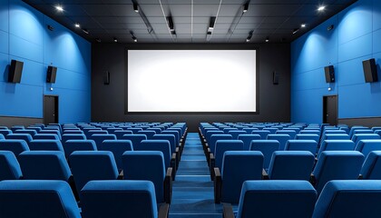 Naklejka premium A modern cinema hall showcases empty rows of blue seats facing a pristine bright white screen.