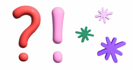 Bold 3D rendered punctuation marks: a red question mark and a pink exclamation mark, alongside colorful abstract stars.