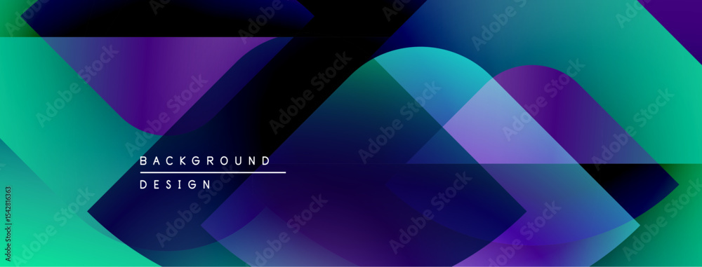 Poster abstract geometric shapes overlap, creating vibrant turquoise, purple gradients. modern design eleme