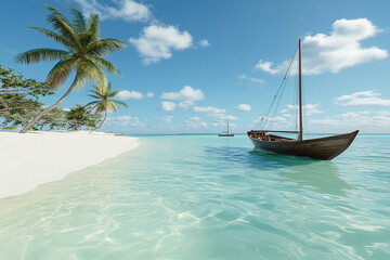 A boat sailing near a tropical beach with palm trees and clear blue water