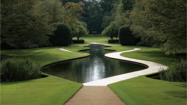 Balanced garden space with soft pathway curves and symmetrical water feature.