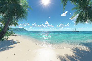 Tropical beach with palm trees, blue sky, turquoise water, and distant island
