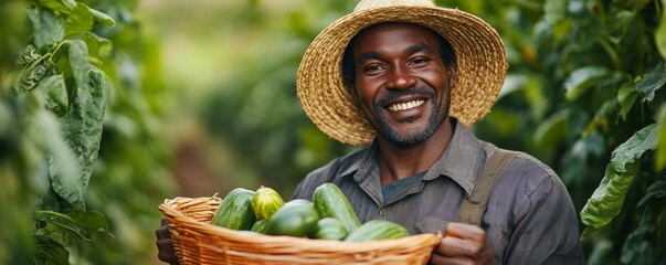 Farm entrepreneur proudly holding fresh produce in a basket during harvest, preparing for sale at an organic market., Generative AI