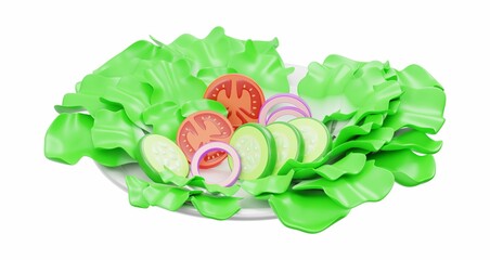 3D rendered fresh salad with crisp lettuce, sliced tomatoes, cucumbers, and red onion rings.