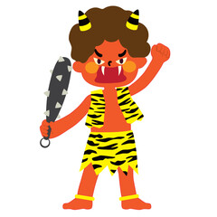 拳を振り上げて怒っている金棒を持った赤鬼のベクターイラスト