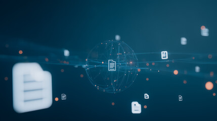 Cyber Document Flow:  a sophisticated digital environment, where numerous document icons are linked to a central globe, the core of the digital information exchange.