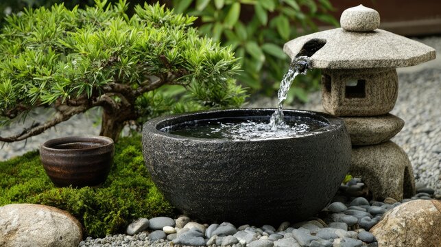 Zen-style water feature bubbling softly among green foliage.