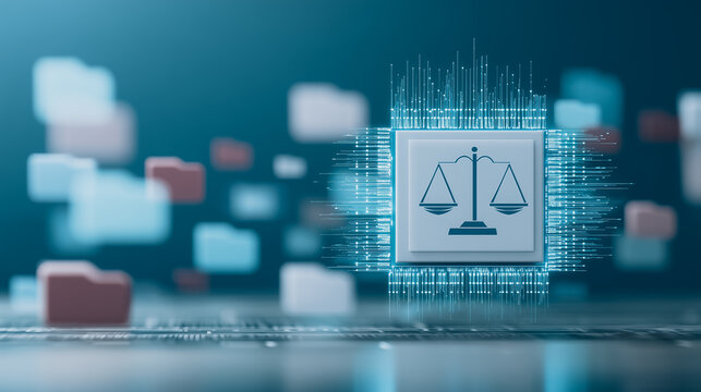 Digital Justice: A futuristic illustration shows the scales of justice, symbolized within a digital circuit, representing the modern evolution of law and order within a data-driven world.