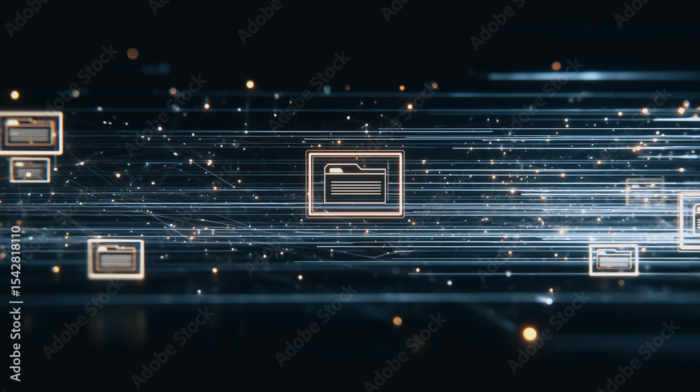 Poster digital file system: a sophisticated digital landscape features interconnected data folders and stre
