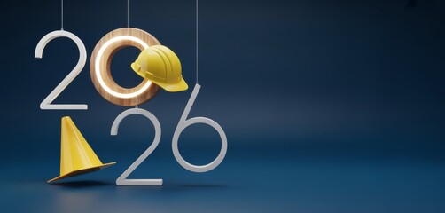 Construction Industry Outlook 2026 with Hard Hat and Cone on Blue Backdrop