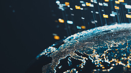 Digital Data Flow: A captivating visualization depicts a futuristic landscape of digital data streaming around Earth. The image captures the essence of global connectivity, technology.
