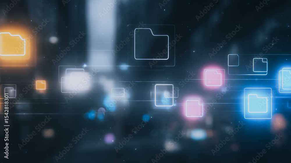 Poster data flow digital: a modern illustration depicts illuminated file folders navigating through a dynam
