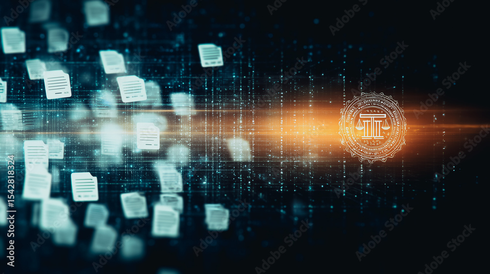 Poster digital transformation: a vibrant composition of digital files cascading through a futuristic matrix