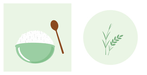 Rice bowl with spoon and rice or wheat sign logo on green backgrounds vector.