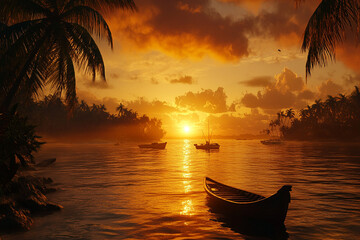 Tropical sunset with boats and palm trees reflecting on the water surface