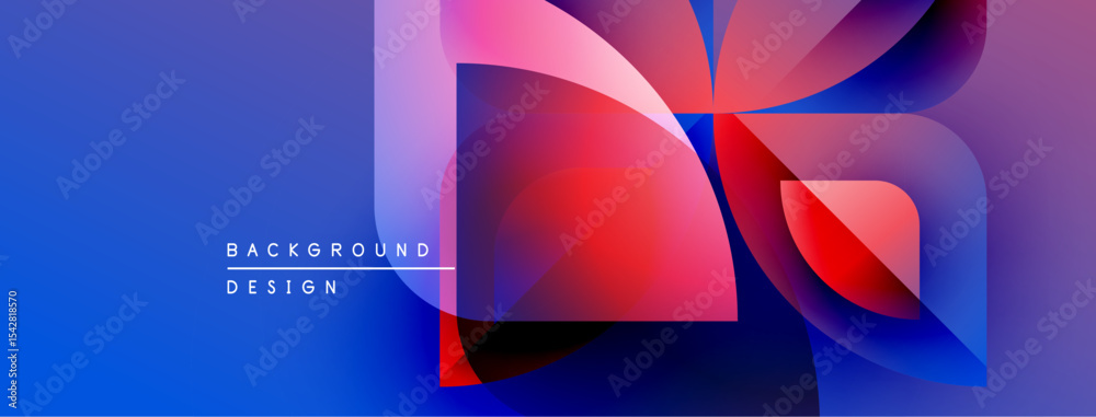 Poster Abstract geometric shapes overlap, creating vibrant color gradients. Blue background complements red, pink hues. Modern design element.