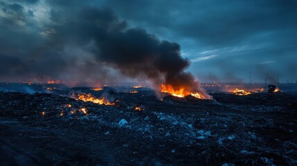 Fototapeta premium A landfill burning at night, thick black smoke rising into the sky,