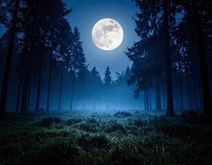 Full Moon Shines On Dark Woods At Night