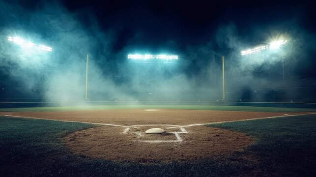 Tranquility envelops the baseball field after sunset.