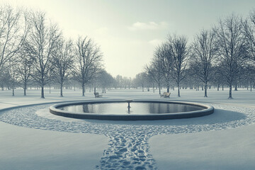 A winter landscape with a circular pond and snow covered ground and trees near