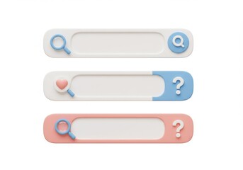 Fototapeta premium Three search bars with magnifying glasses and question marks on a white area