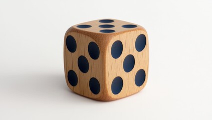 Close-up of a light-tan wooden die with dark-blue pips