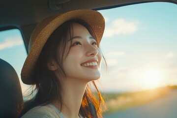 Happy Asian woman driving car to journey vacation destination., Generative AI