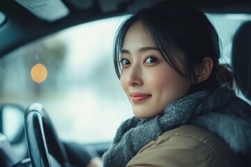 Happy Asian woman driving car to journey vacation destination., Generative AI