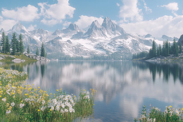 Scenic view of snow capped mountains reflecting on the calm lake water
