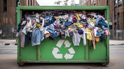 Clothing donation bin overflowing with used clothes, symbolic of recycling, textile waste management, and conscious consumer behavior