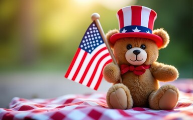 One teddy bear in a red striped hat is sitting and holds the flag of America. Light background, indoors. USA Independence Day Background. Picnic on July 4th. Copy space for text. San Francisco, USA