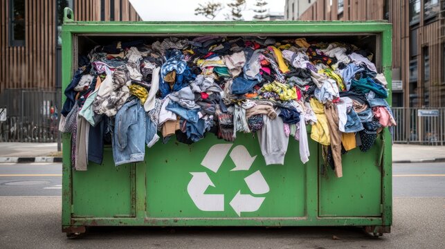 Clothing donation bin overflowing with used clothes, symbolic of recycling, textile waste management, and conscious consumer behavior
