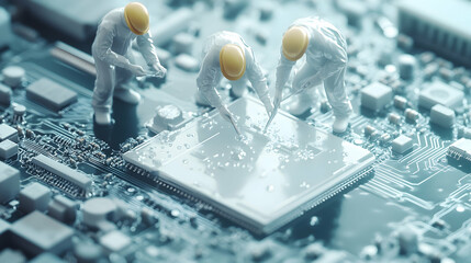 Tiny figures meticulously work on a computer's motherboard, showcasing intricate details and highlighting the complexity of technology.