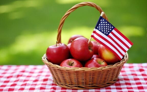Basket of red apples and american flag on red and white checkered tablecloth on grass. High quality