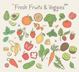 Hand-drawn colorful vector sketch set of fruits and vegetables. A playful collection of minimal line illustrations with added color accents