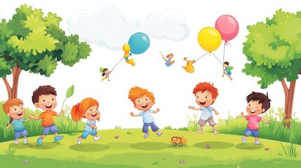 Joyful Children's Playtime Games, Laughter, and Outdoor Fun in a Picturesque Park Setting