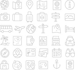 36 Outline Travel Icons – Tourism, Navigation & Exploration Icon Set for Mobile, Web, and Print. editable stroke
