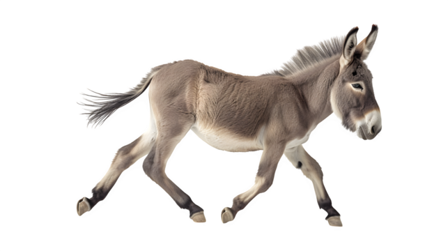 A young donkey gracefully runs across a black background showcasing its soft fur and energetic stride a perfect wildlife photograph for various design projects