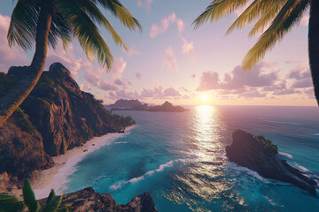 Tropical island sunset view with palm trees and turquoise ocean waves scene